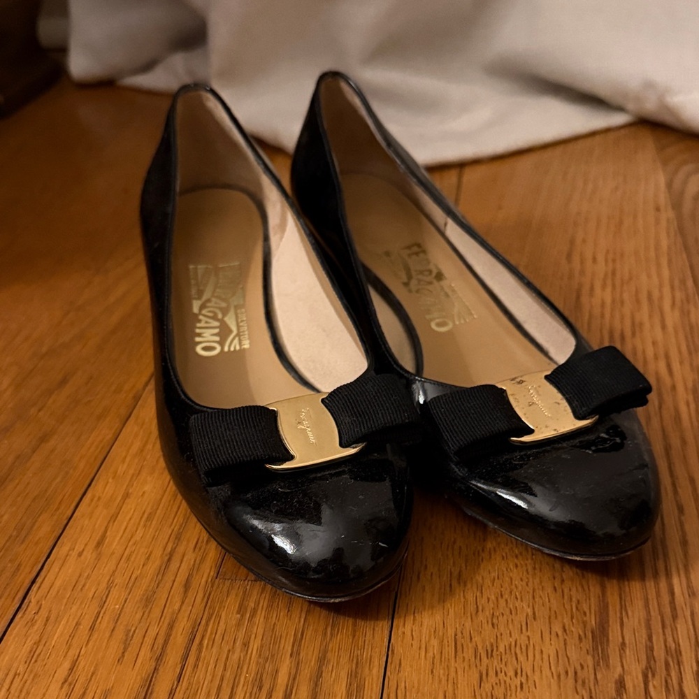 Salvatore Ferragamo Black Patent Leather Flats with Gold Accents